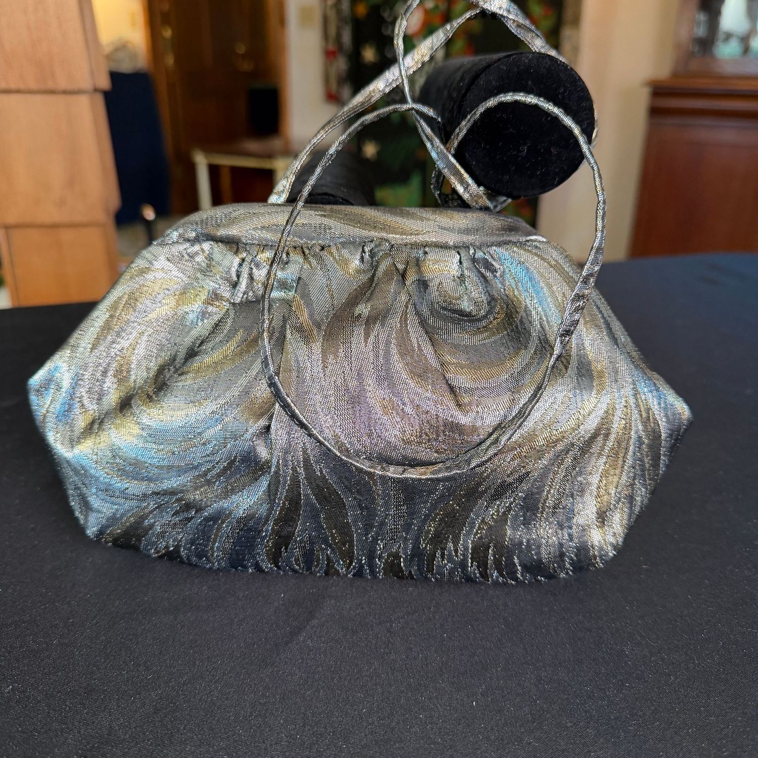 Iridescent silver evening bag purse with hinged opening, 9", B0228