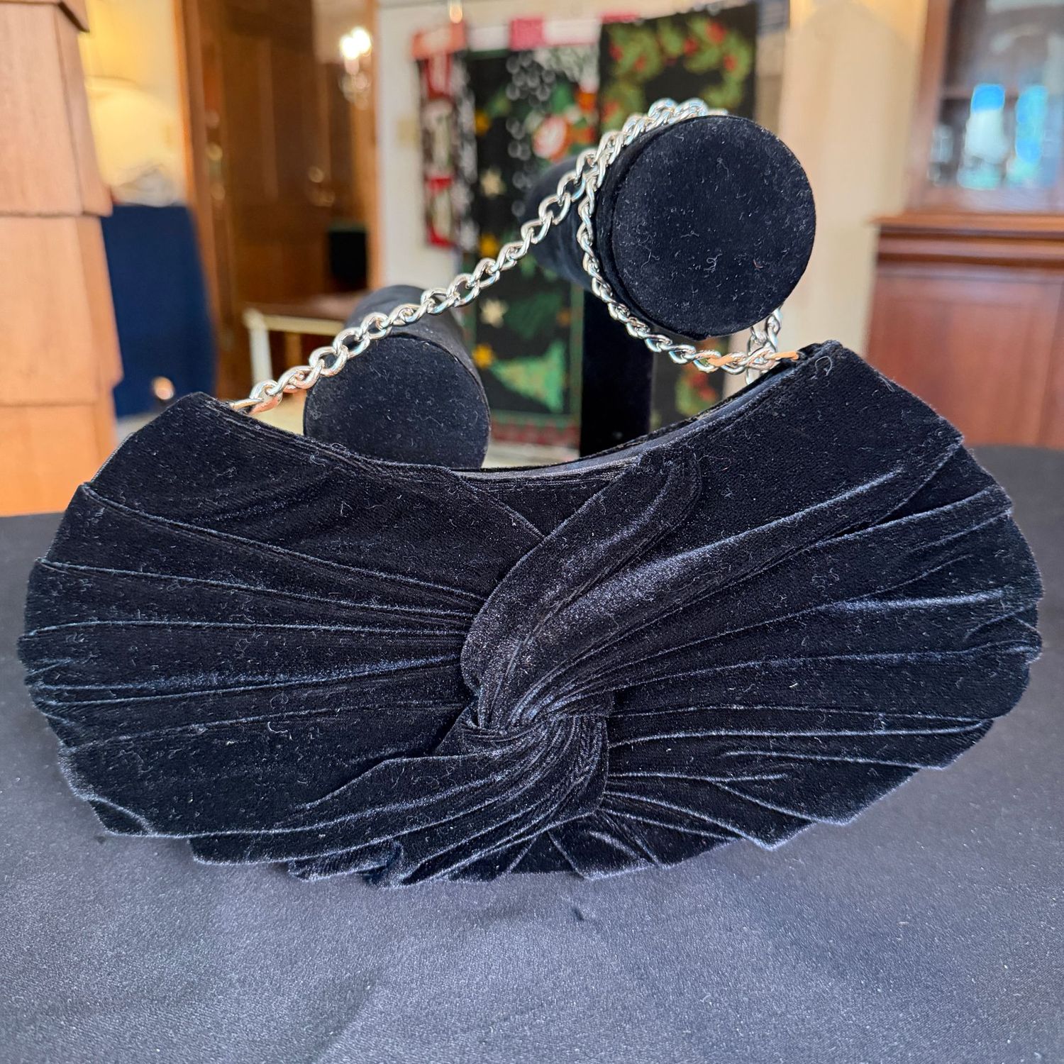 Knoted black velvet evening bag, purse, 9", B0229