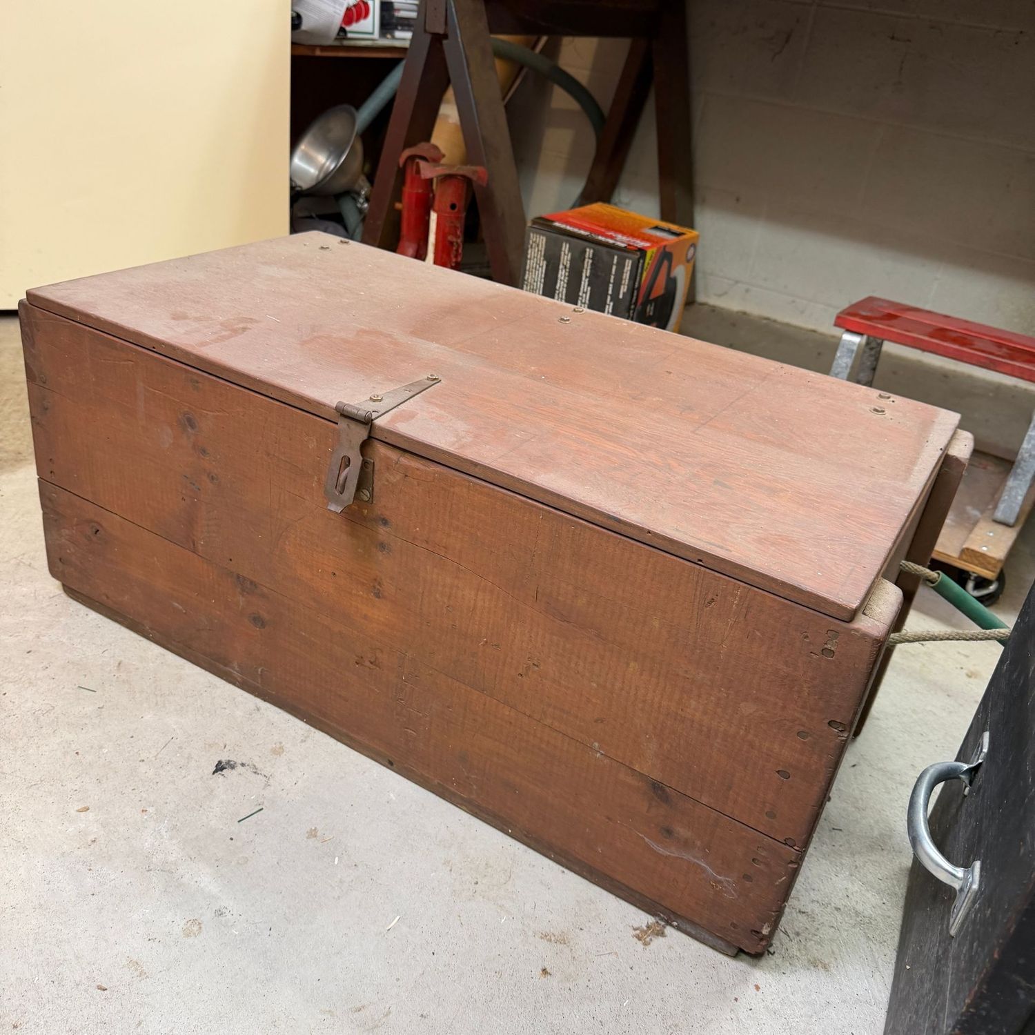 Long solid wood storage chest, great for tools, rope handle, 13"H x 16"W x 32"L