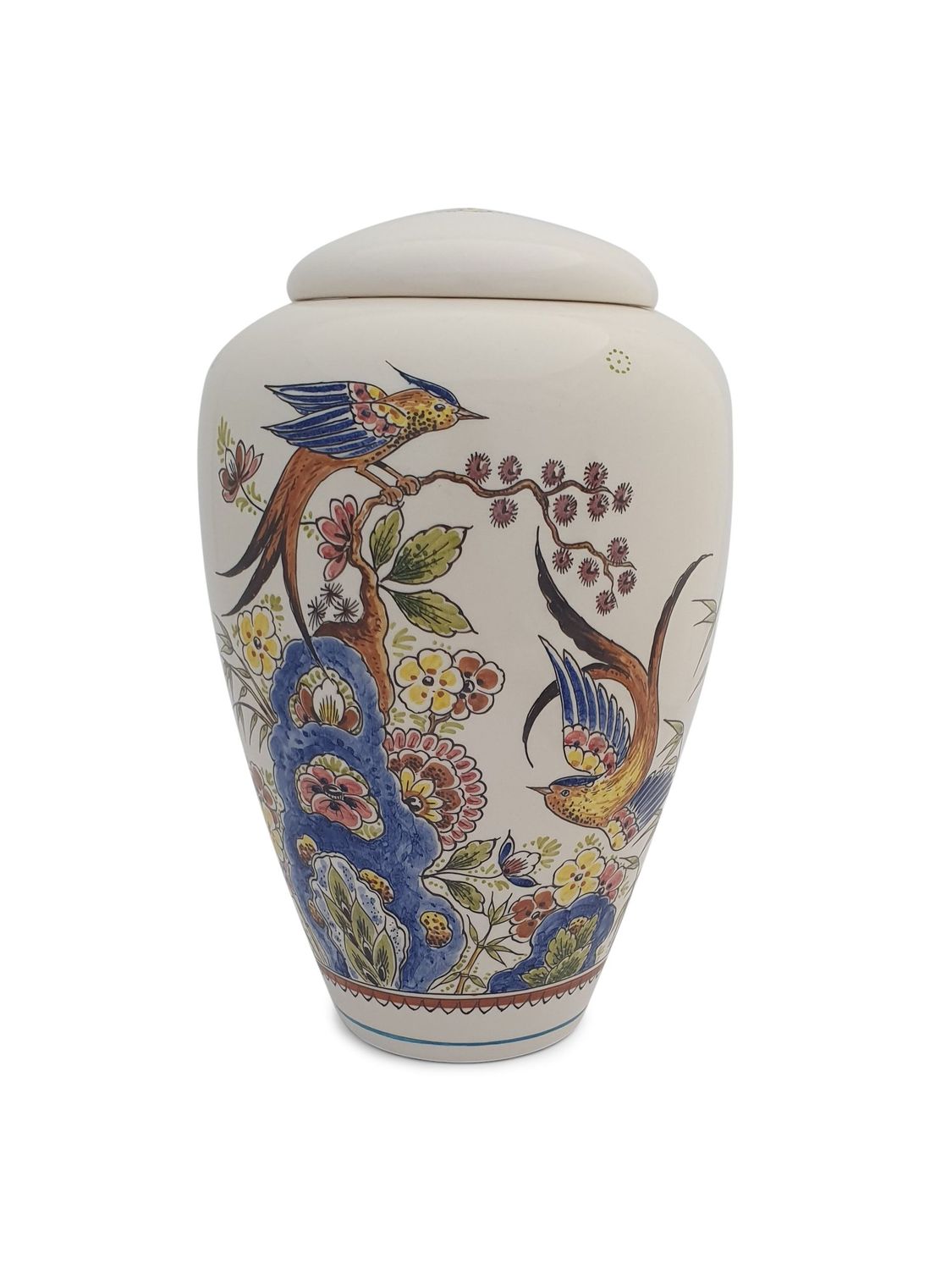 Urn "Paradijsvogels - Vogel met bamboe" (deksel urn model PU-4) hand beschilderd BL-8024