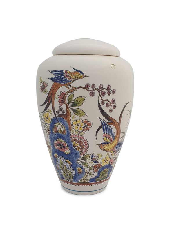 Urn "Paradijsvogels - Vogel met bamboe" (deksel urn model PU-4) hand beschilderd BL-8024