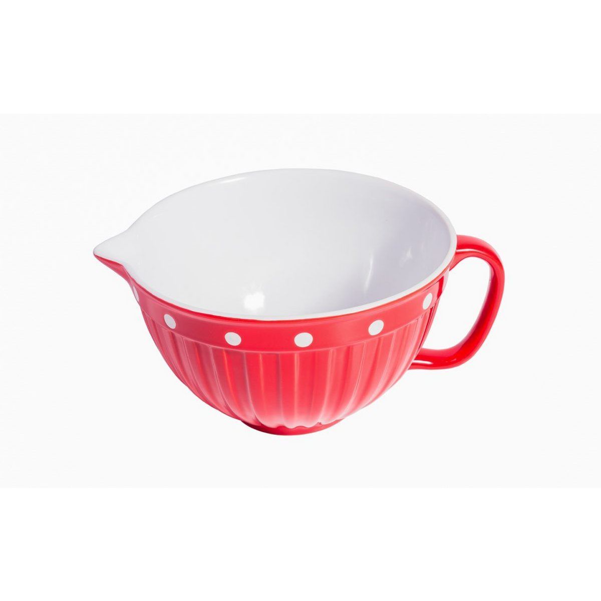 Rote Teigschüssel mit Griff und Punkten