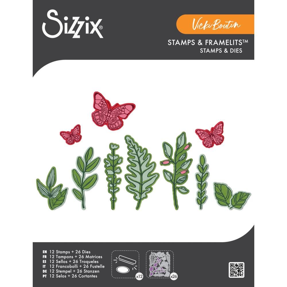 Sizzix &amp; Vicki Boutin - Clear Stamps &amp; Framelets - Greenery - 667075 - 26 Dies &amp; 12 Stamps