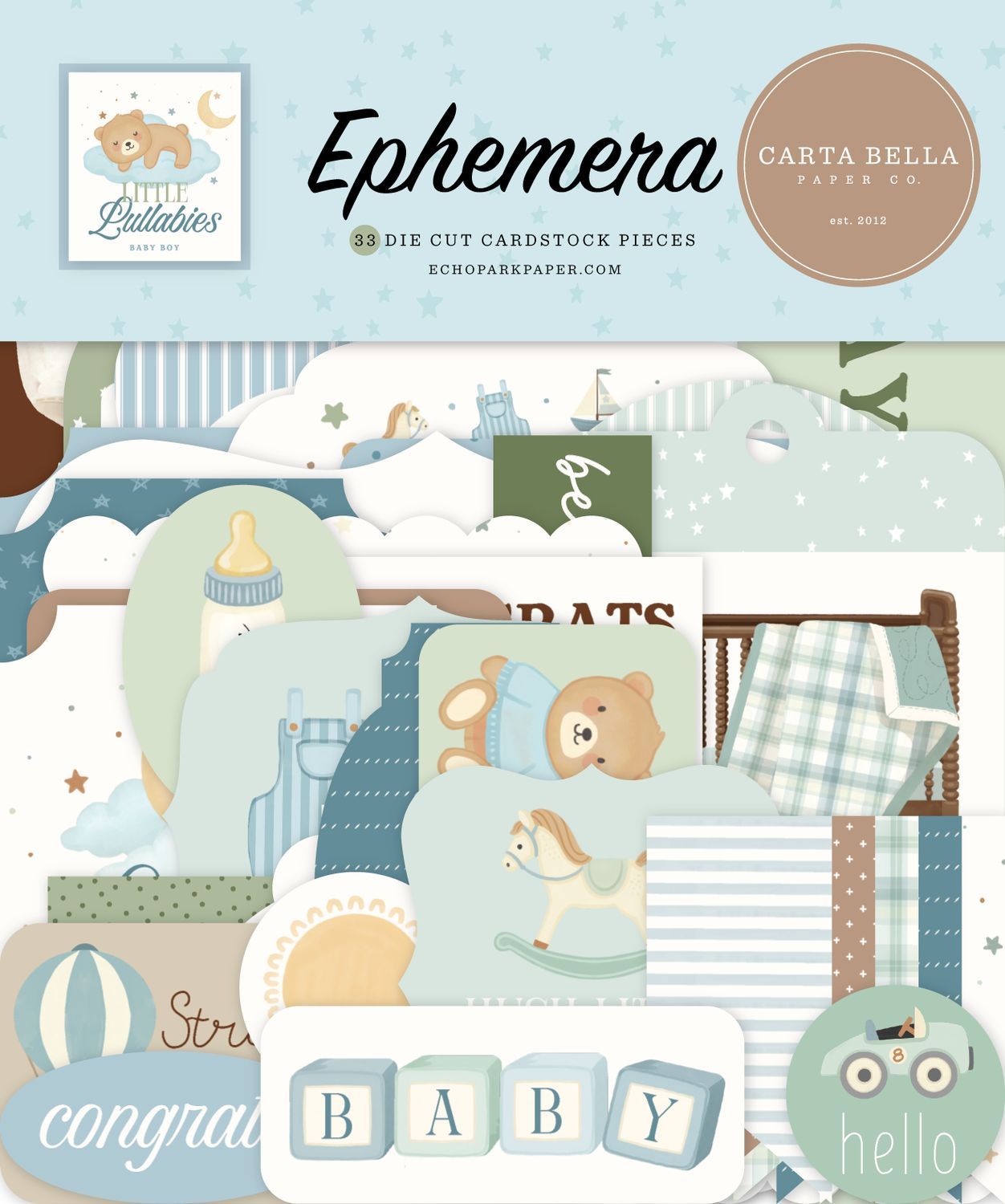 Carta Bella - Little Lullabies Collection - Baby Boy - Ephemera - CBLUG485024 - 33 pcs