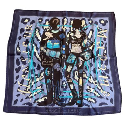 A 2000s Monsieur et Madame Blue Silk Square Scarf by Hermès