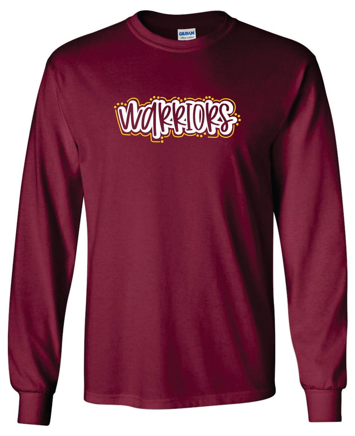 WARRIORS LONG SLEEVE T-SHIRT, MAROON ***GLITTER LOGO***