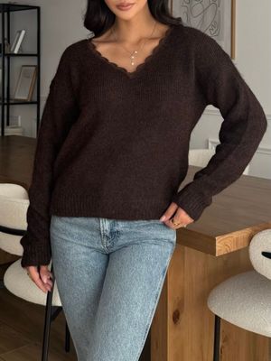 V Neck with Sleeve Detail in Brown