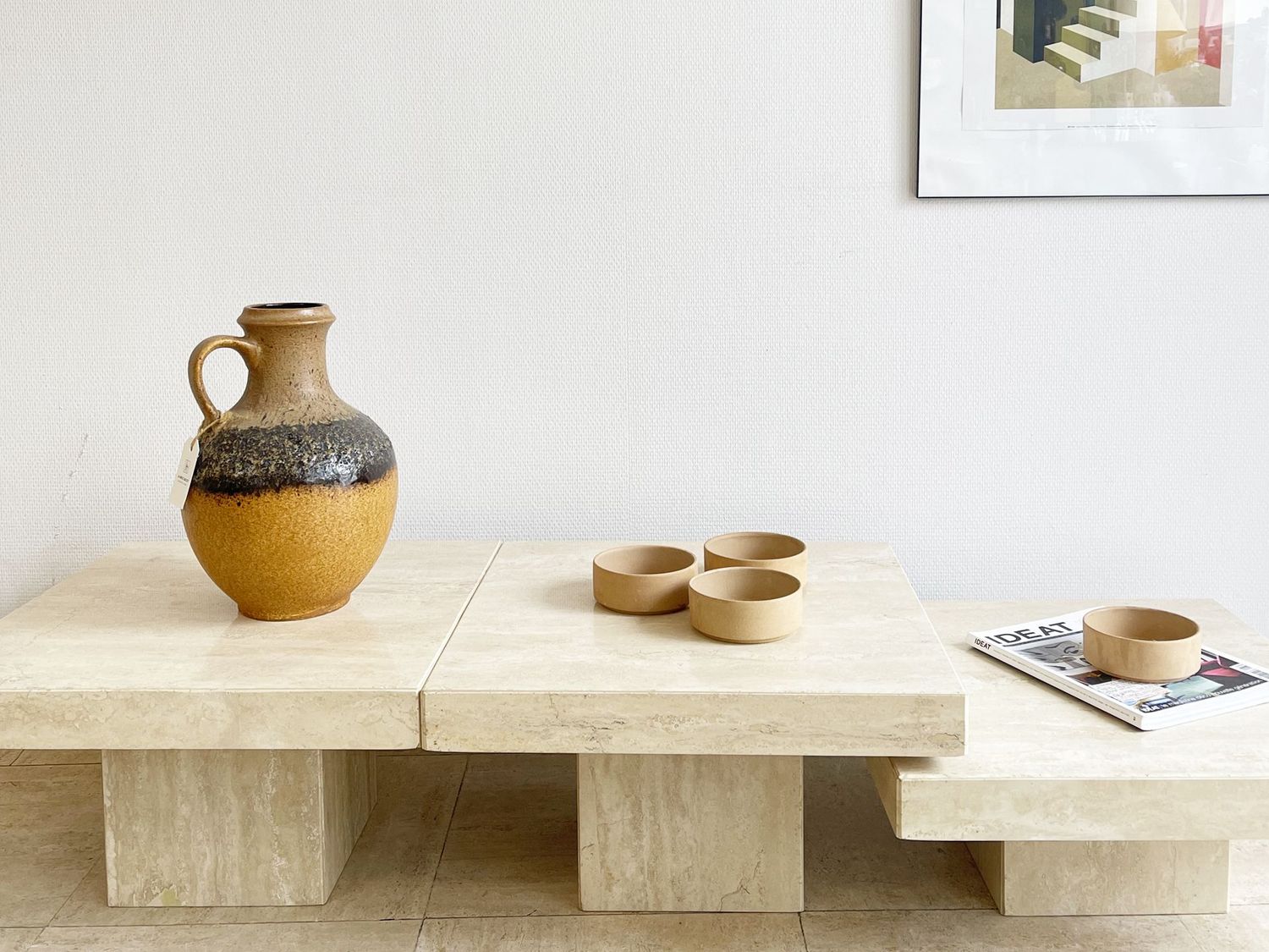 Table basse modulable en travertin – design sculptural années 70