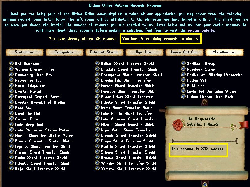 🔥 308-Month Ultima Online Account – 11 Shard Shields + 600+ Tokens + 30+ Full Soulstones! 🔥
