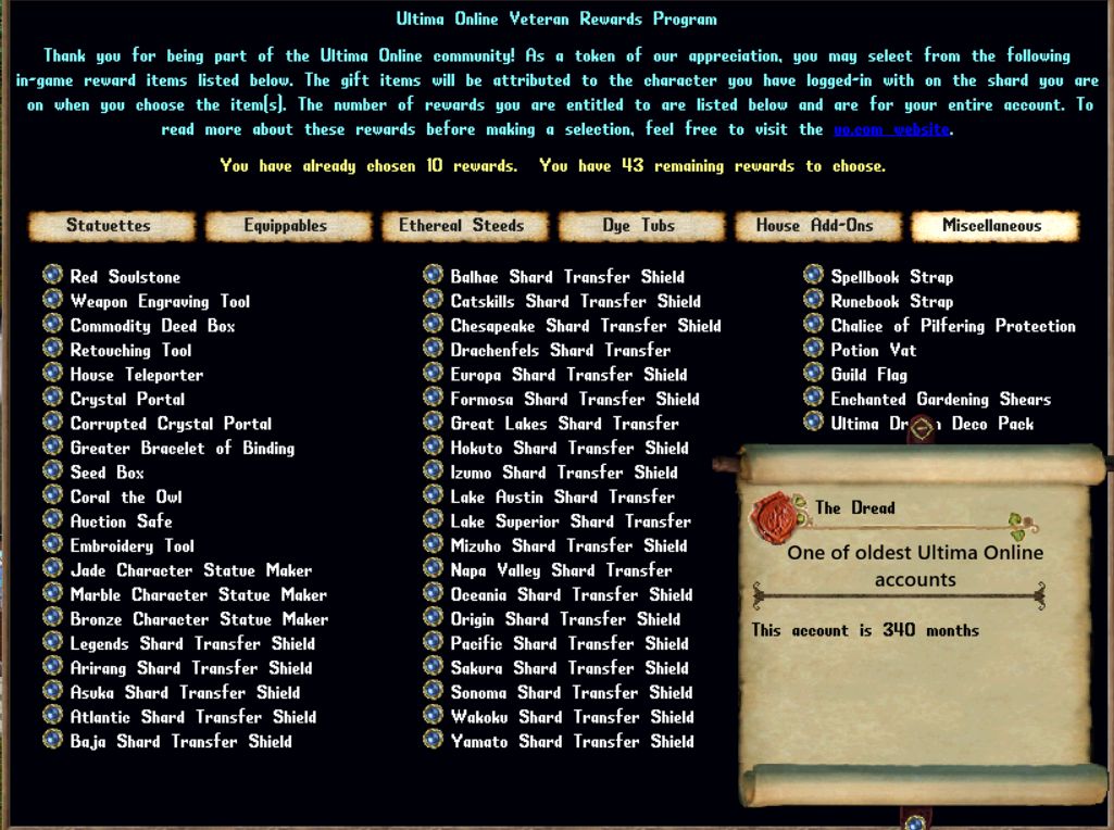 🔥 340-Month Ultima Online Account – 43 UNPICK Rewards + PBD Collection + Yew Gate House! 🔥