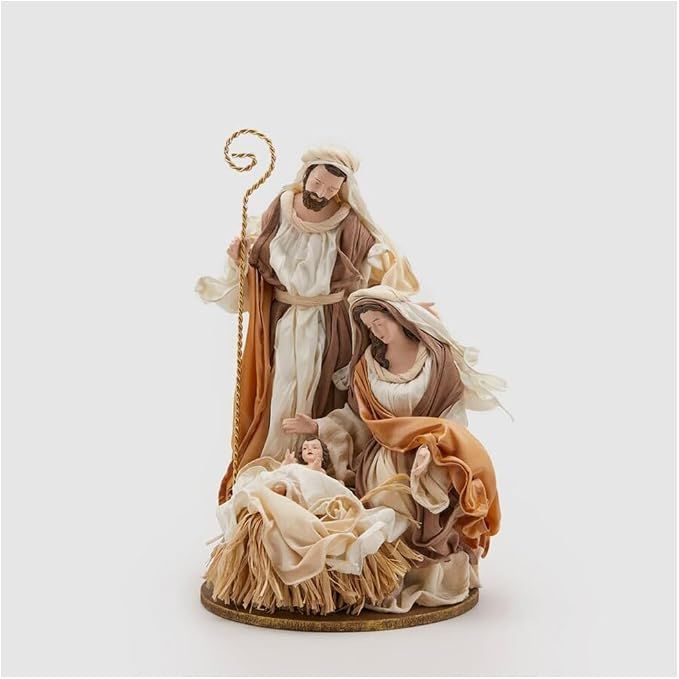 Decorazione Natalizia statuina natività, Sacra Famiglia in Resina e Tessuto con Base e Paglia H35 cm - Enzo de Gasperi