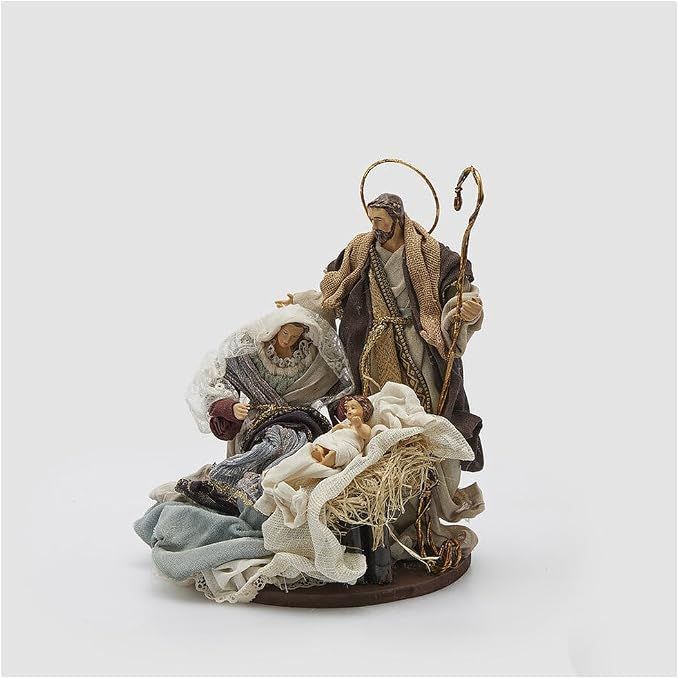 Decorazione Natalizia statuina natività, Sacra Famiglia in Resina e Tessuto con Base e Paglia H26 cm - Enzo de Gasperi