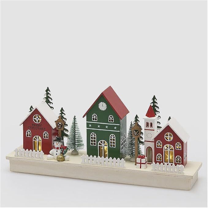 Paesaggio casette decoro con LED in legno 37x8xH16 cm - Enzo de Gasperi