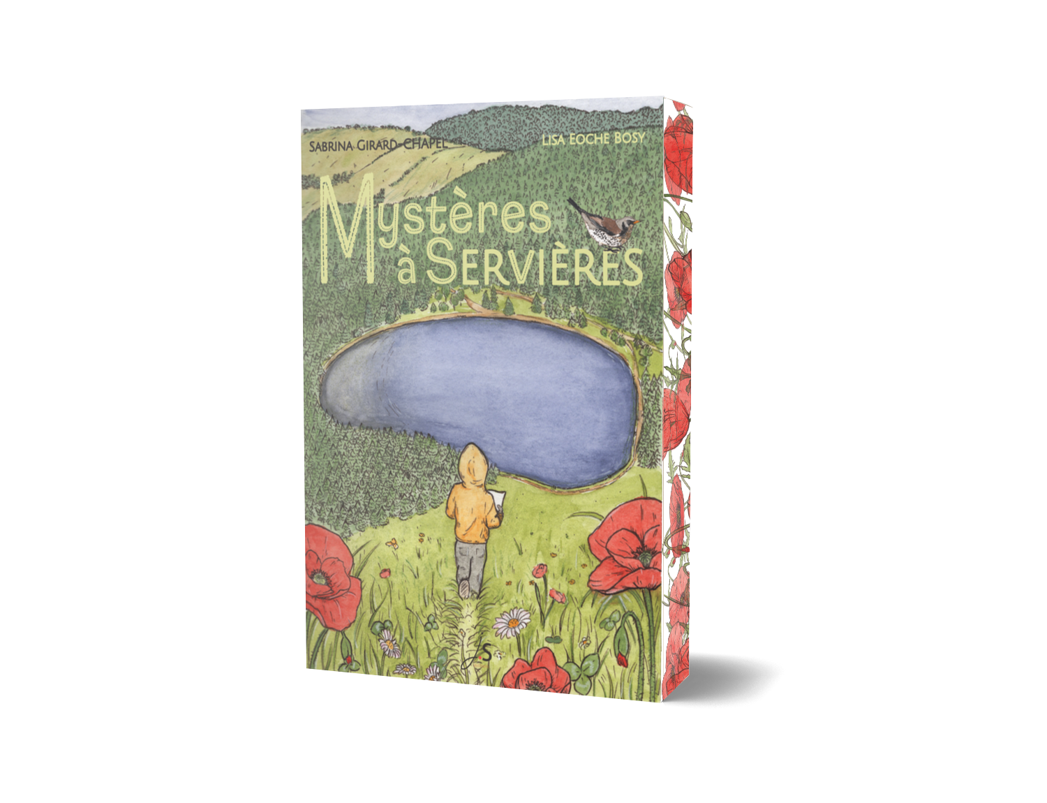 couverture est une aquarelle du lac de Servières avec un personnage de dos qui se dirige vers lui au 1er plan des coquelicots