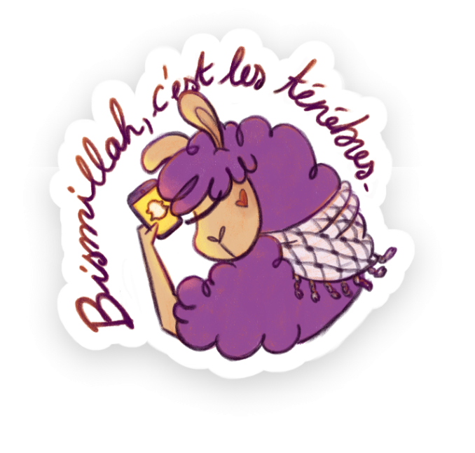 sticker Bismillah c'est les ténèbres un lama à keffieh qui regarde un message snapchat