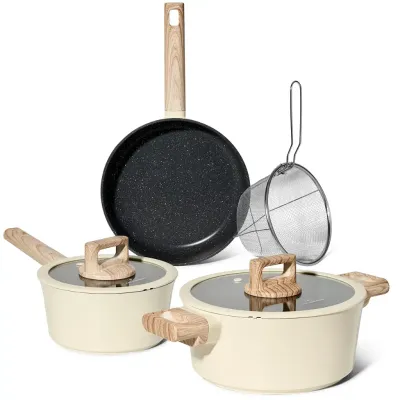 Just Perfecto JL-331 : 6-Piece Marble Coated Cookware Set with Rubber Rim Glass Lids, Beige
