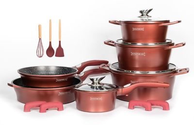 Royalty Line ES2014M-BY | 17-Pieces Burgundy Marble Cookware Set