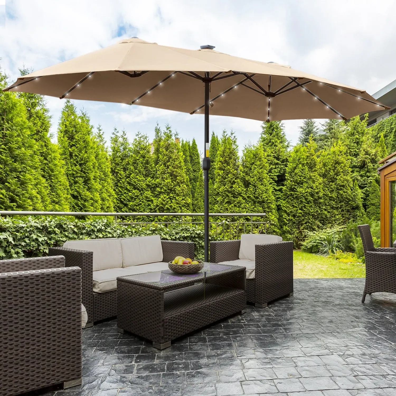 Double Garden Umbrella 4.5m with 48 Solar LED Lights &amp; Crank Handle – Beige