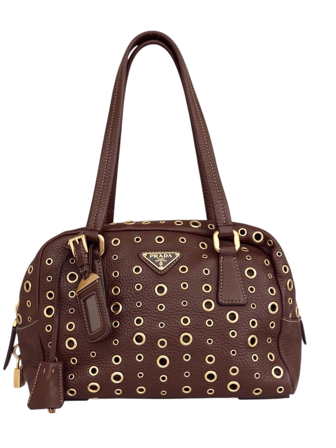 PRADA BROWN LEATHER GROMMET TOP HANDLE SHOULDER BAG