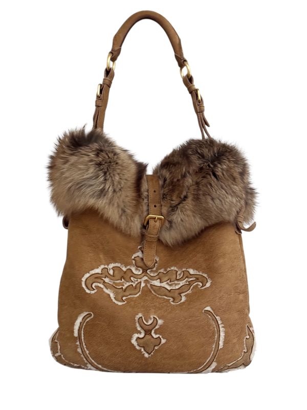 PRADA BROWN SHEARLING FOX FUR HOBO SHOULDER BAG