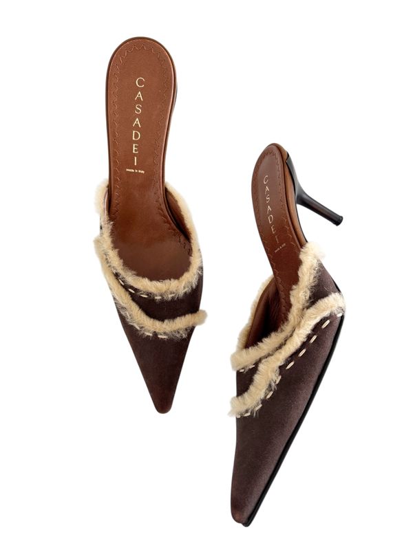 CASADEI BROWN SUEDE SHEARLING MULES / 9.5