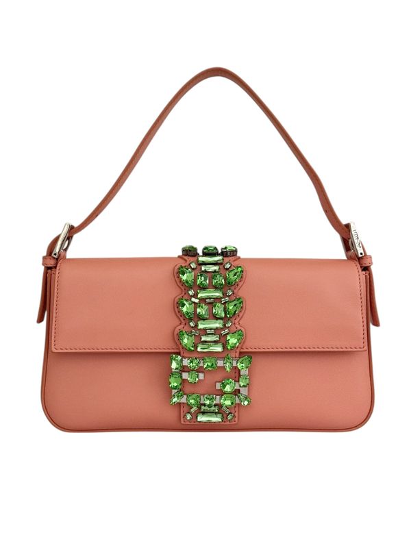 FENDI CORAL LEATHER GREEN JEWELED BAGUETTE SHOULDER BAG