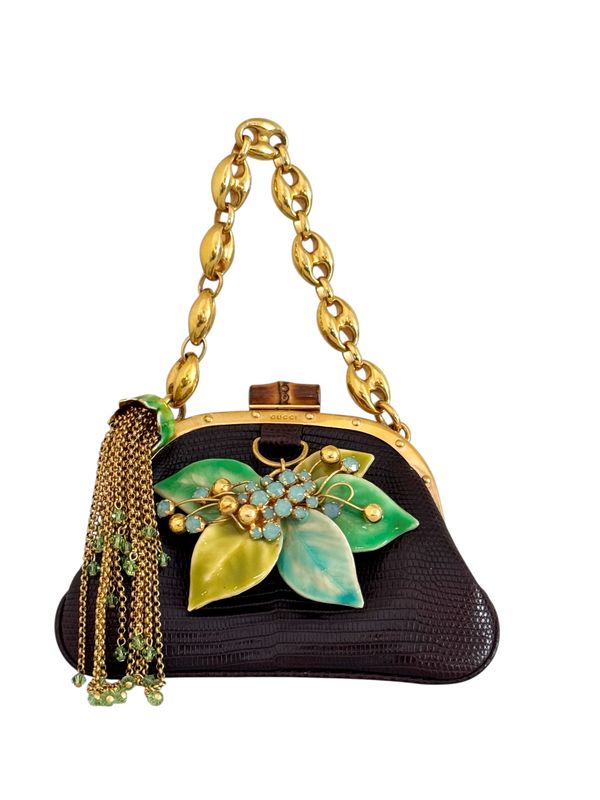 GUCCI 2006 RARE LIZARD FLOWER BAMBOO FRAMED MINI EVENING BAG