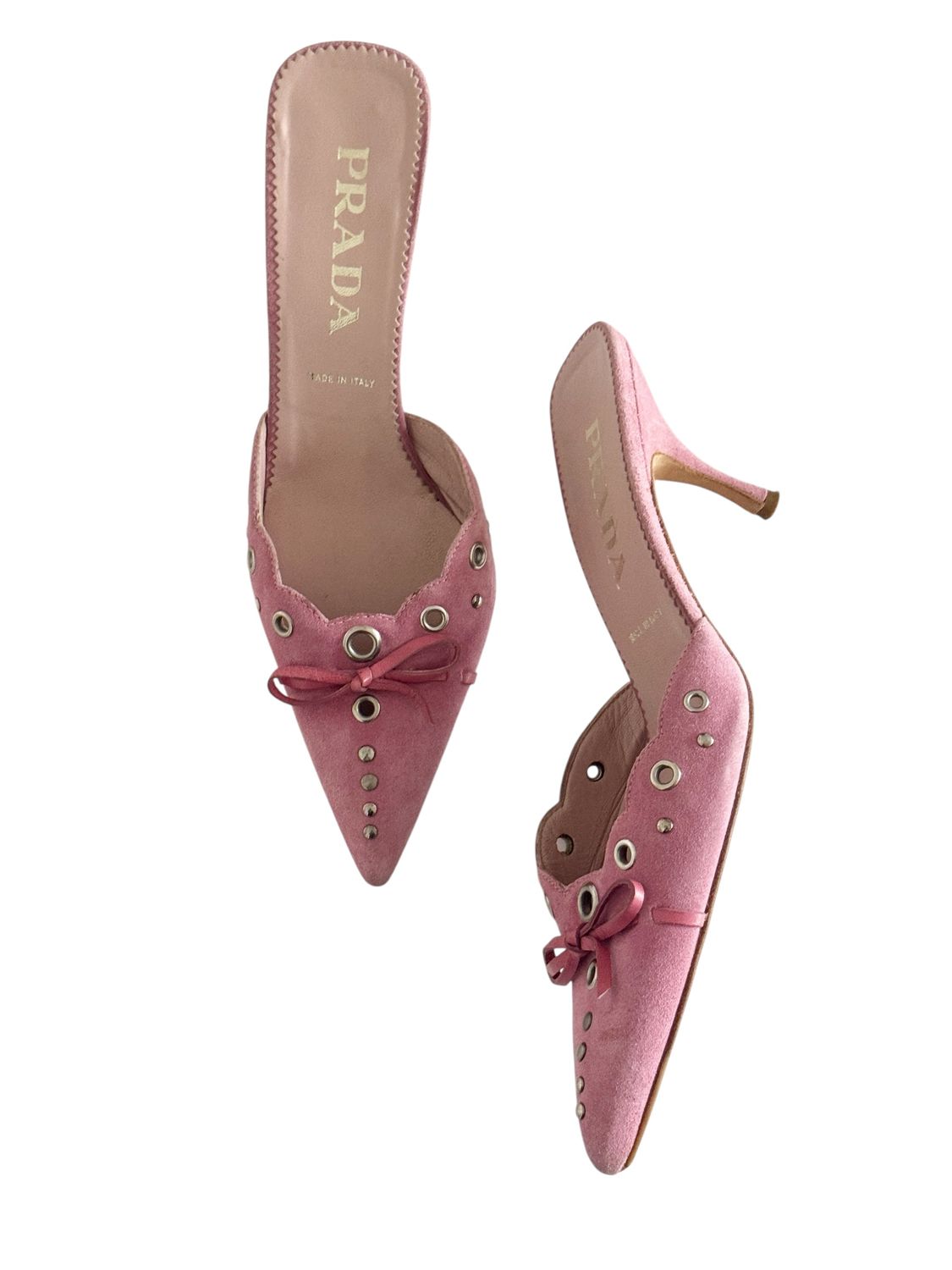 PRADA VINTAGE PINK SUEDE LEATHER GROMMET MULES HEELS / IT 37.5