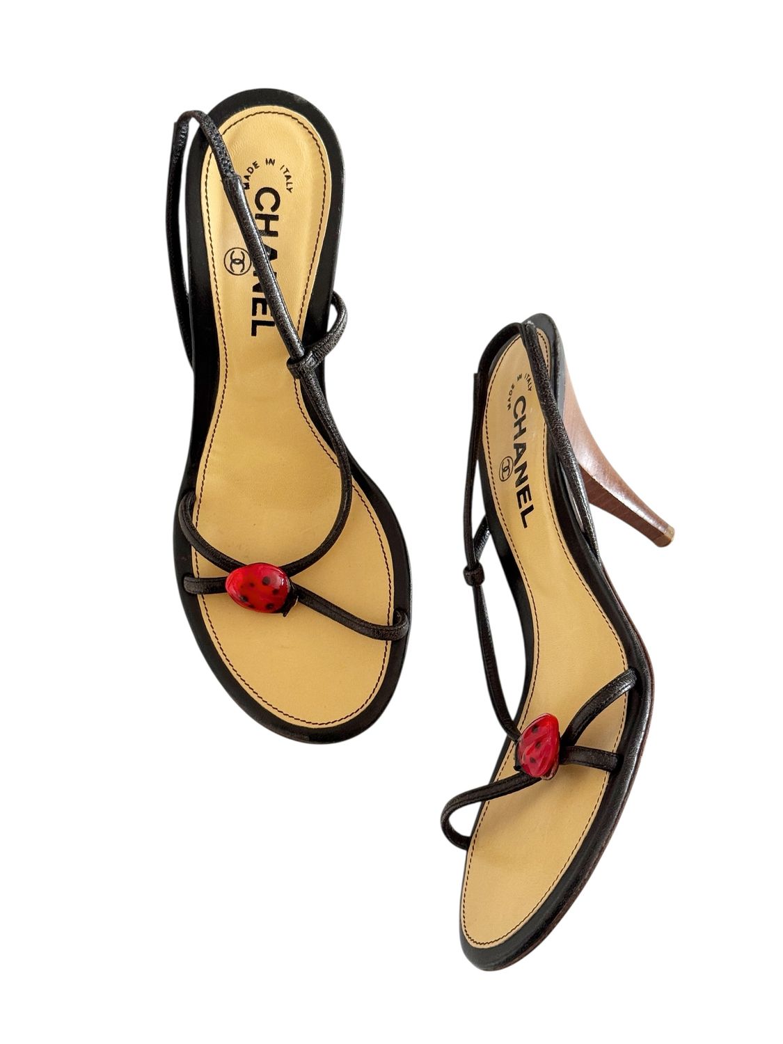 CHANEL CC LADYBUG BLACK LEATHER HEELS / IT 39