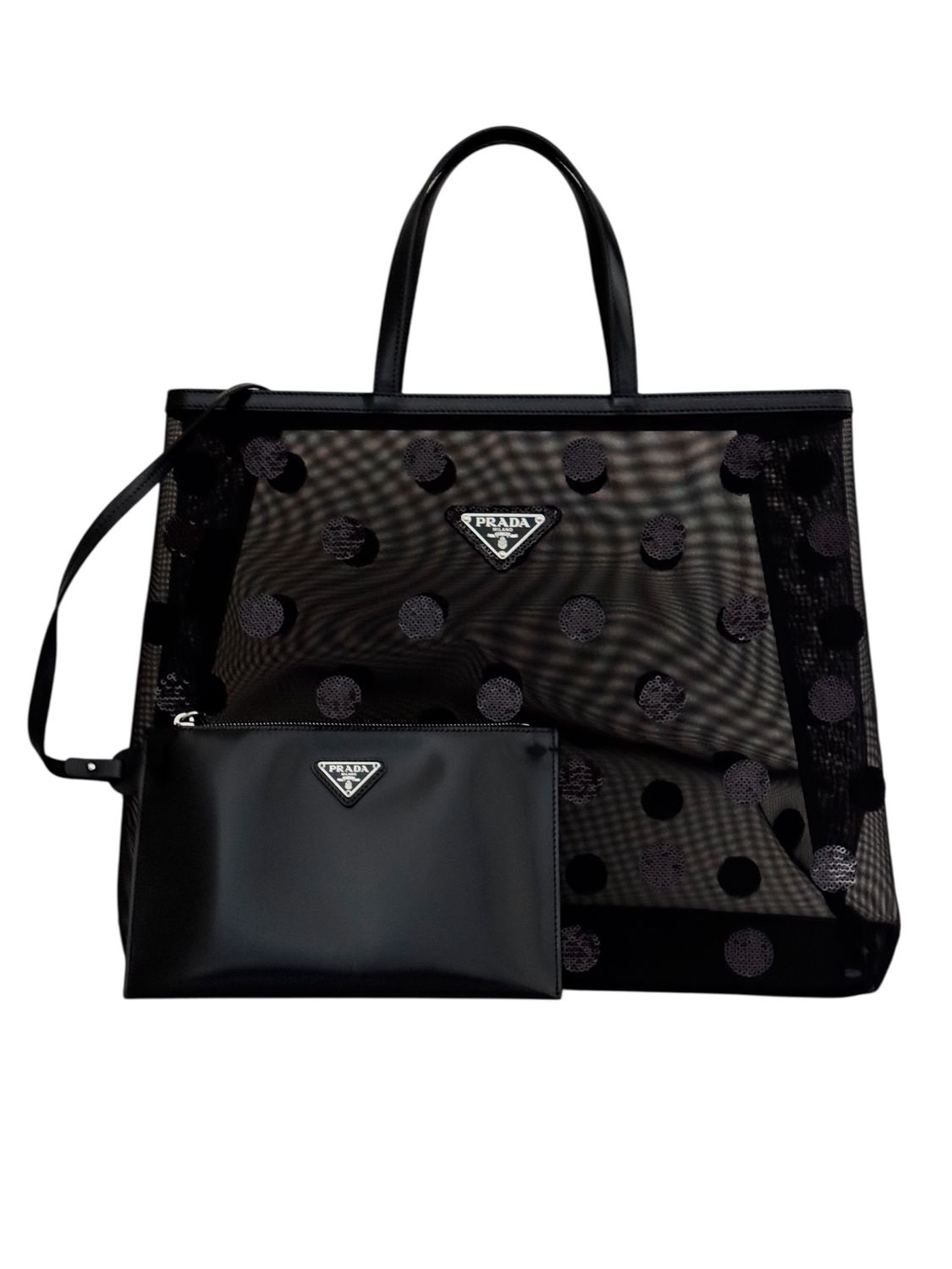 PRADA BLACK MESH POLKA DOT SEQUIN SHOULDER TOTE BAG