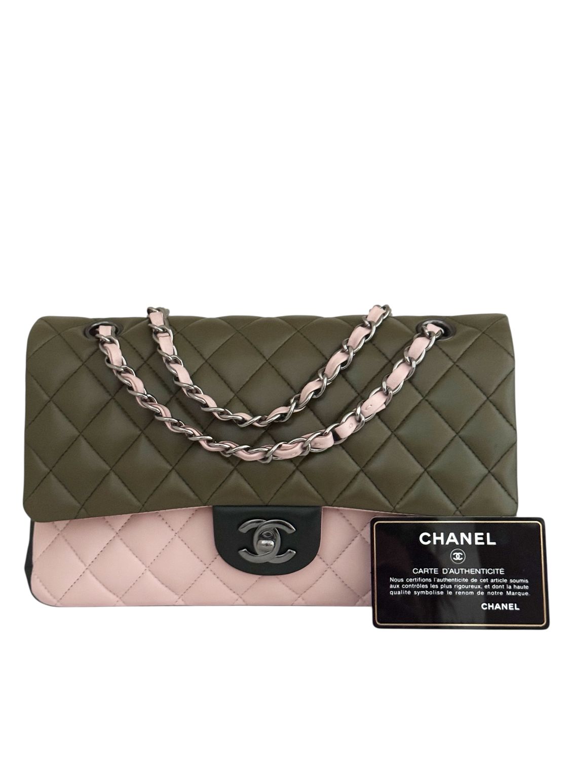CHANEL VINTAGE PINK GREEN MEDIUM DOUBLE FLAP BAG