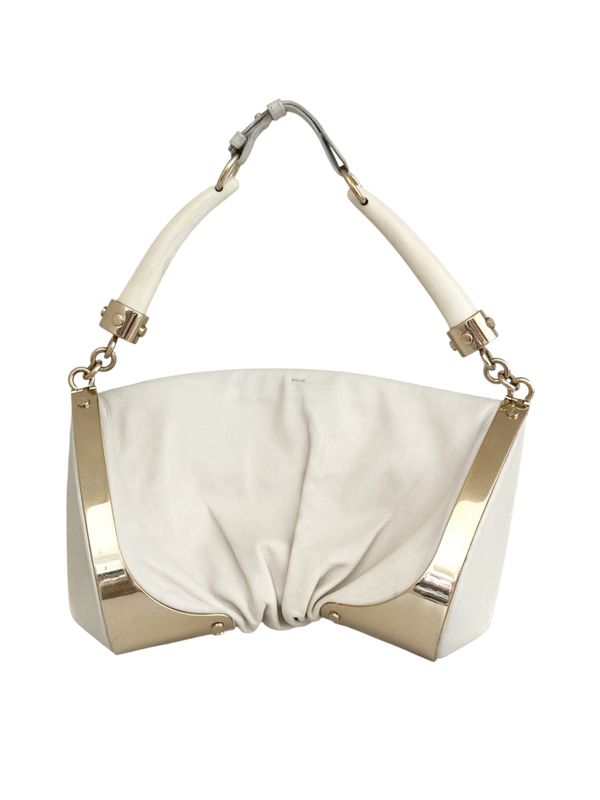 YVES SAINT LAURENT YSL VINTAGE WHITE LEATHER MOMBASA HORN HANDLE BAG W METAL DETAIL