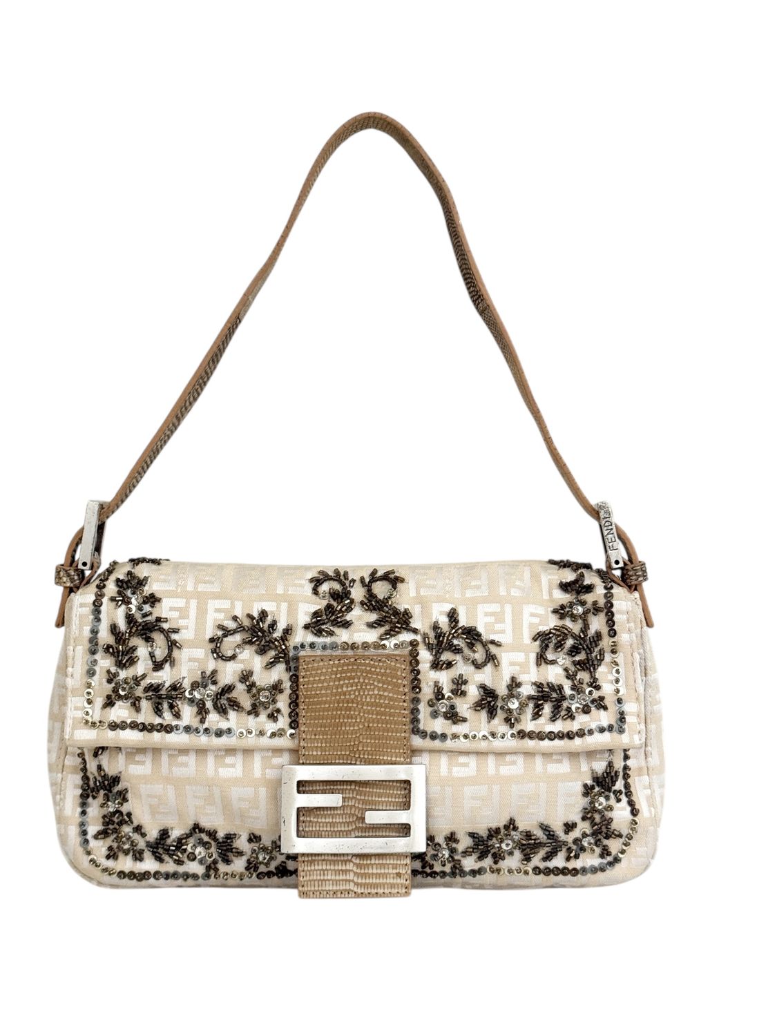 FENDI VINTAGE ZUCCHINO FLORAL BEADED  BAGUETTE SHOULDER BAG W/ EXOTIC TRIM