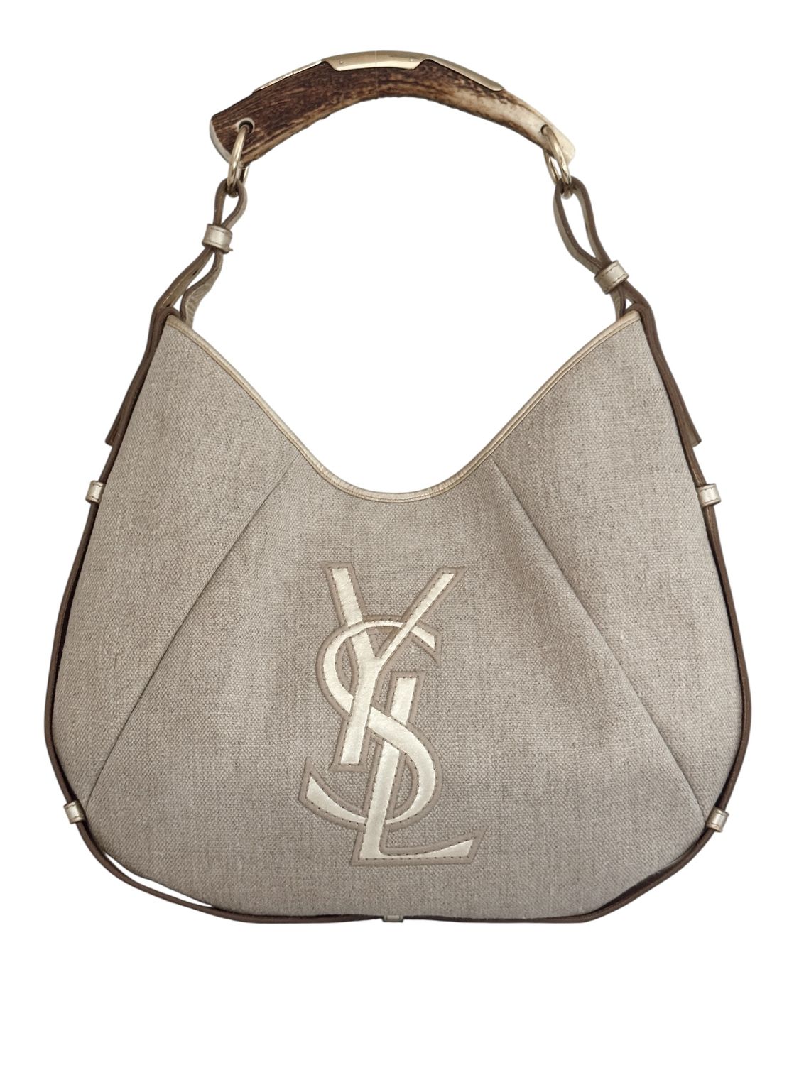 YVES SAINT LAURENT YSL VINTAGE CANVAS AND LEATHER MOMBASA HORN HANDLE HOBO BAG