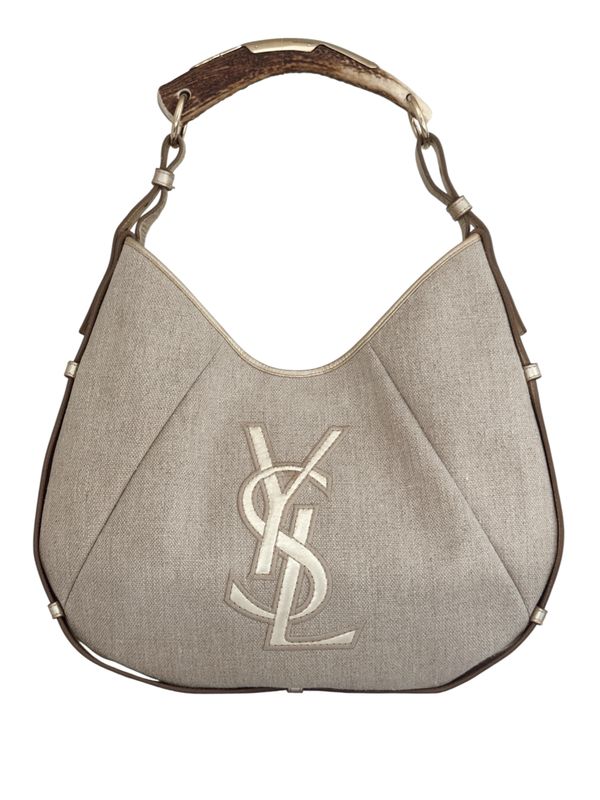 YVES SAINT LAURENT YSL VINTAGE CANVAS AND LEATHER MOMBASA HORN HANDLE HOBO BAG