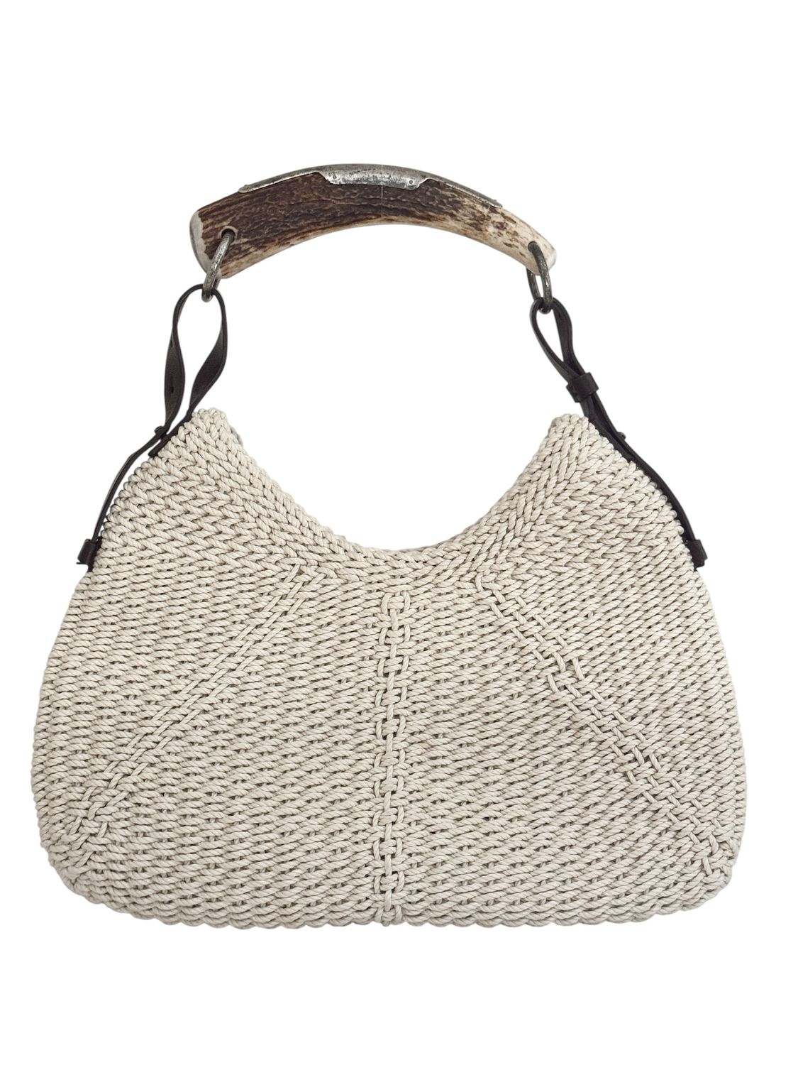 YVES SAINT LAURENT YSL VINTAGE WOVEN CROCHET AND LEATHER MOMBASA HORN HANDLE HOBO BAG