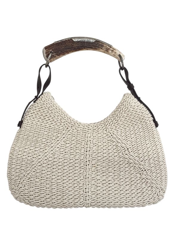 YVES SAINT LAURENT YSL VINTAGE WOVEN CROCHET AND LEATHER MOMBASA HORN HANDLE HOBO BAG