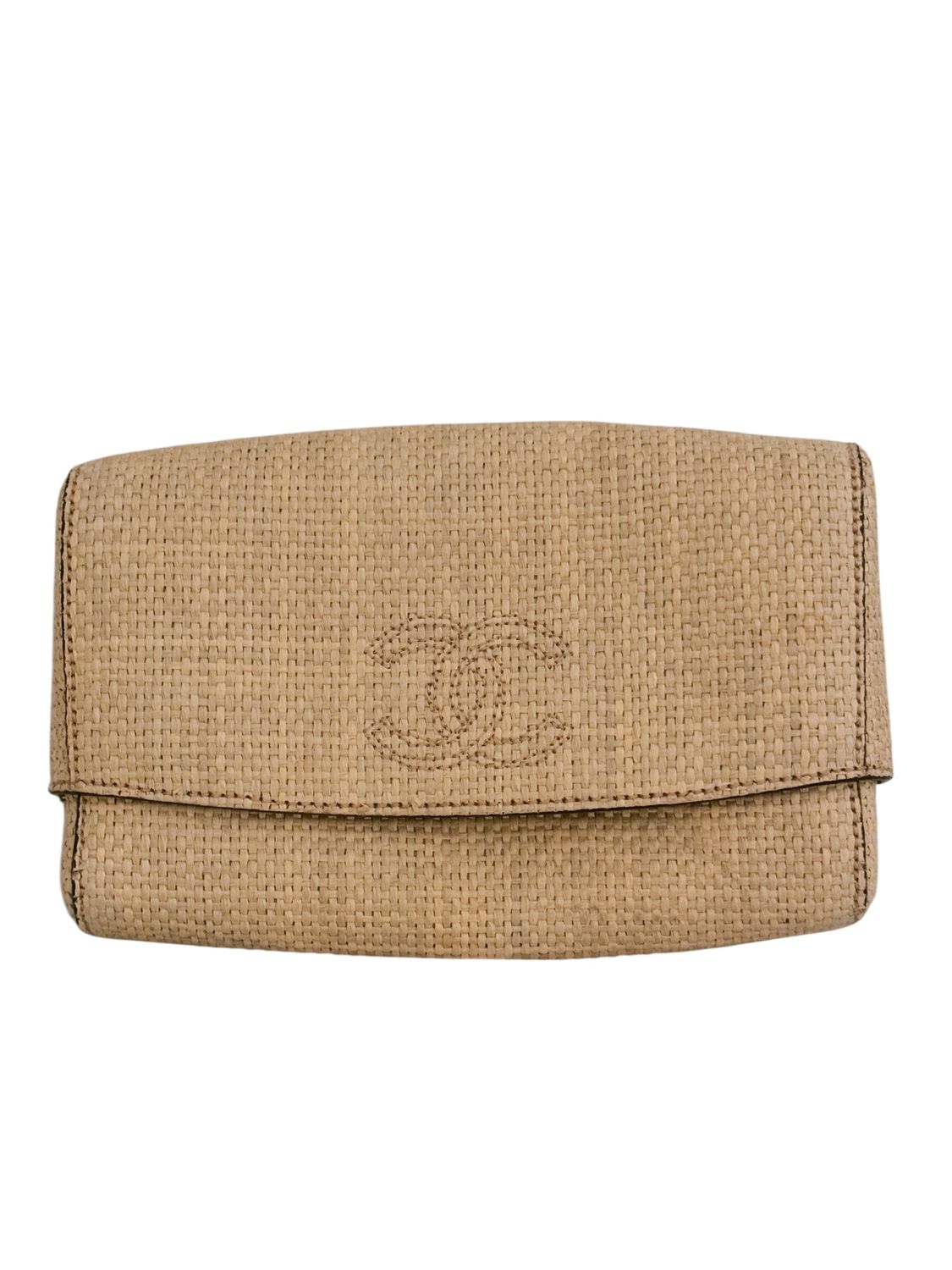 CHANEL VINTAGE 90'S RAFFIA STRAW 2 PIECE CC CLUTCH