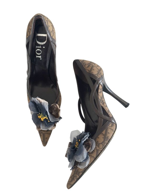 CHRISTIAN DIOR VINTAGE FLORAL LOGO PUMPS HEELS / IT 39.5