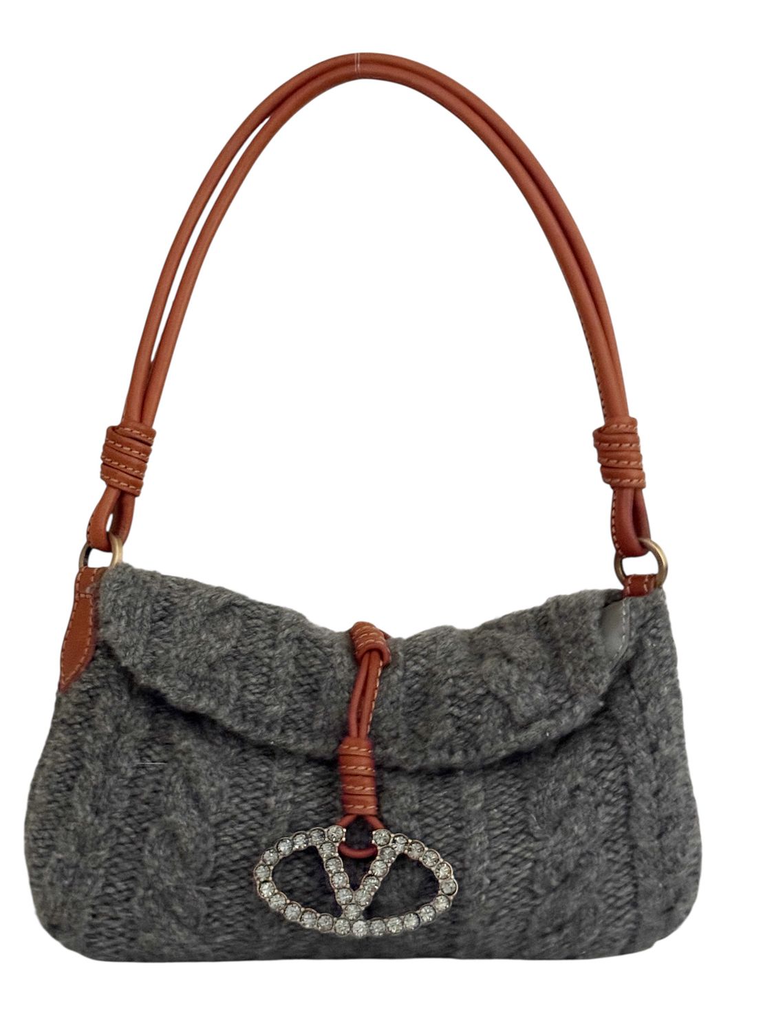 VALENTINO GARAVANI EMBELLISHED KNIT AND LEATHER SHOULDER EVENING BAG