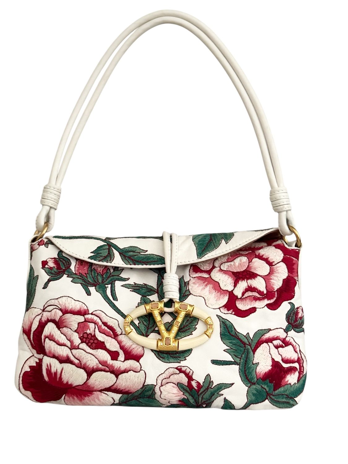 VALENTINO GARAVANI EMBROIDERED FLORAL LEATHER SHOULDER EVENING BAG