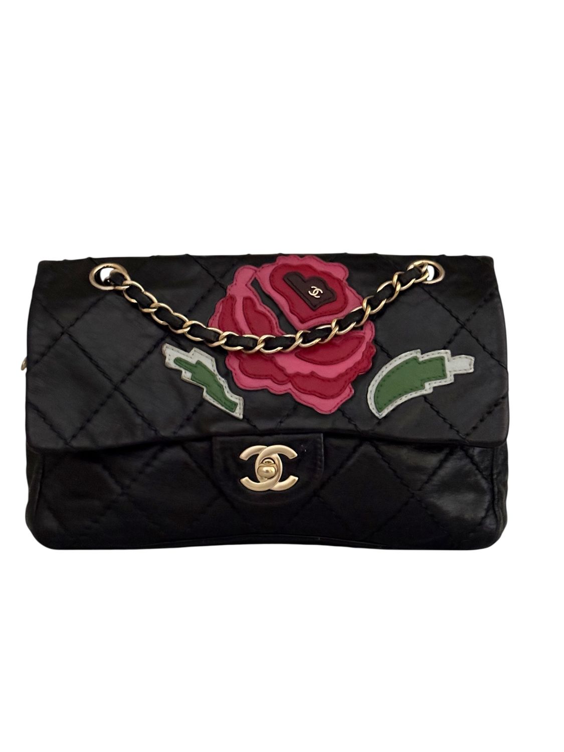 CHANEL VINTAGE BLACK FLORAL MEDIUM FLAP BAG