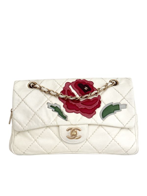 CHANEL VINTAGE WHITE FLORAL MEDIUM FLAP BAG
