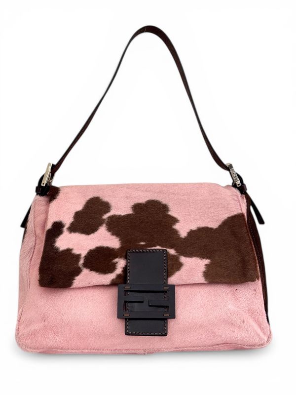 FENDI VINTAGE PINK BROWN PONY HAIR COW PRINT MAMA BAGUETTE SHOULDER BAG