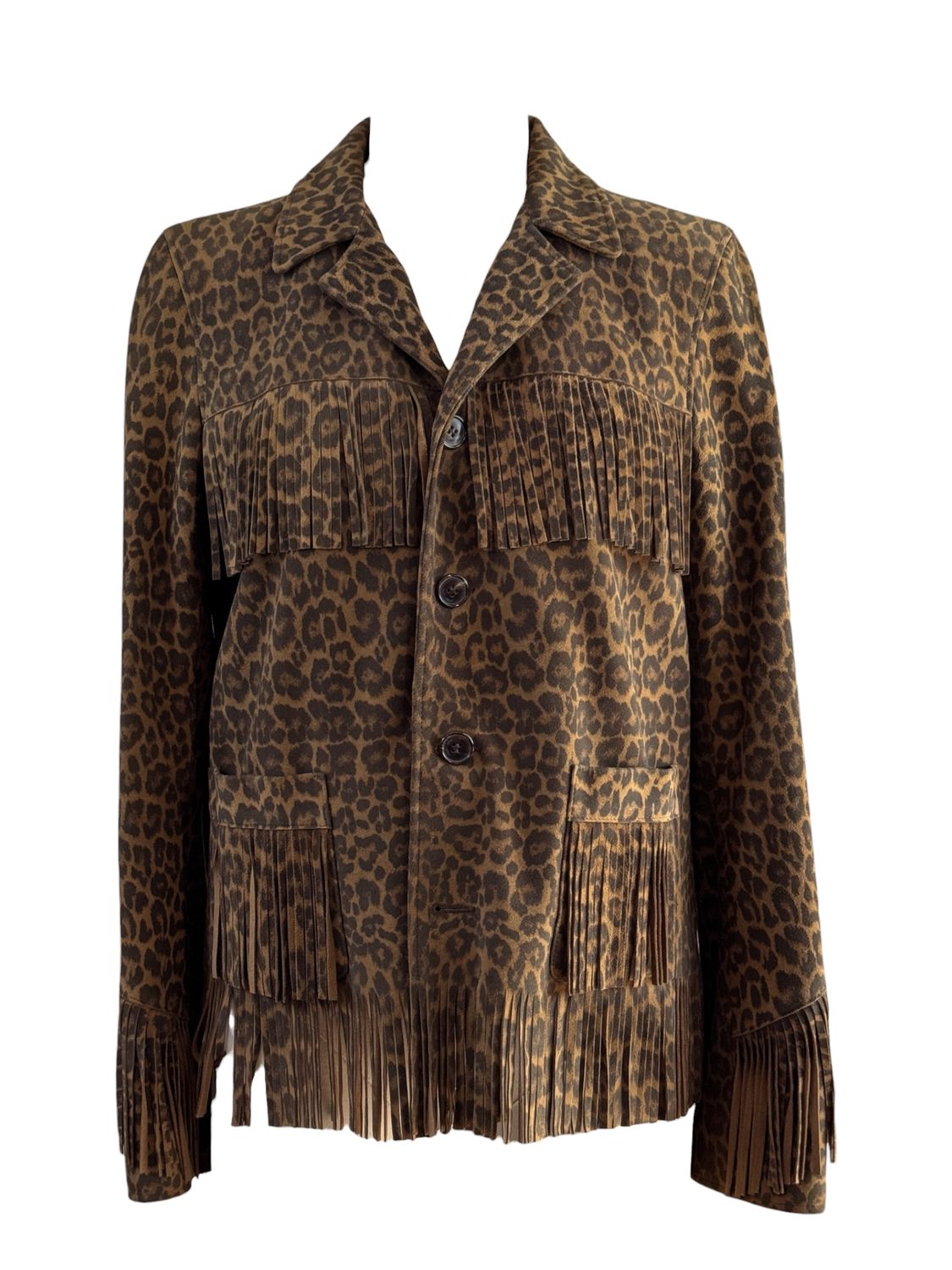 SAINT LAURENT LEOPARD PRINT FRINGE SUEDE JACKET