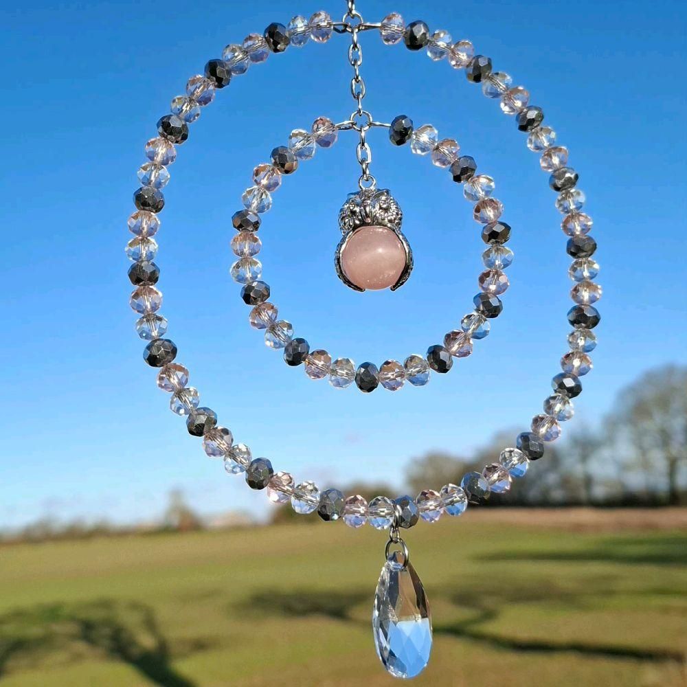 Rose Quartz Owl Sun Catcher Available In Two Sizes