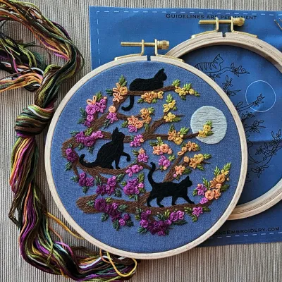 Cats &amp; Full Moon Embroidery Kit - Black Cats