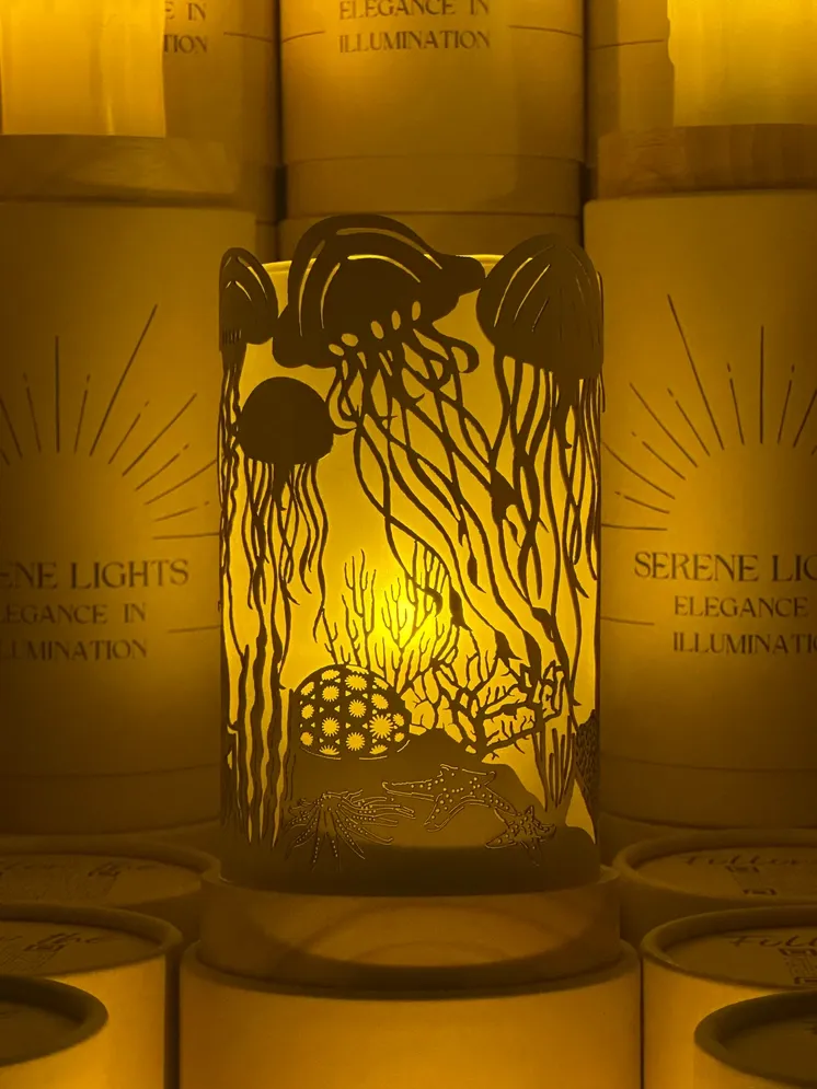 JellyFish, Decorative Candle Holder – Laser Etched, Handmade Wood Veneer, Rechargeable LED Candle
