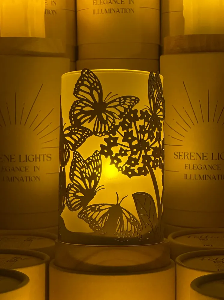 Butterflies, Decorative Candle Holder – Laser Etched, Handmade Wood Veneer, Rechargeable LED Candle