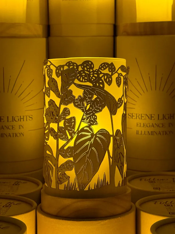 House Plant Jungle, Decorative Candle Holder – Laser Etched, Handmade Wood Veneer, Rechargeable LED Candle